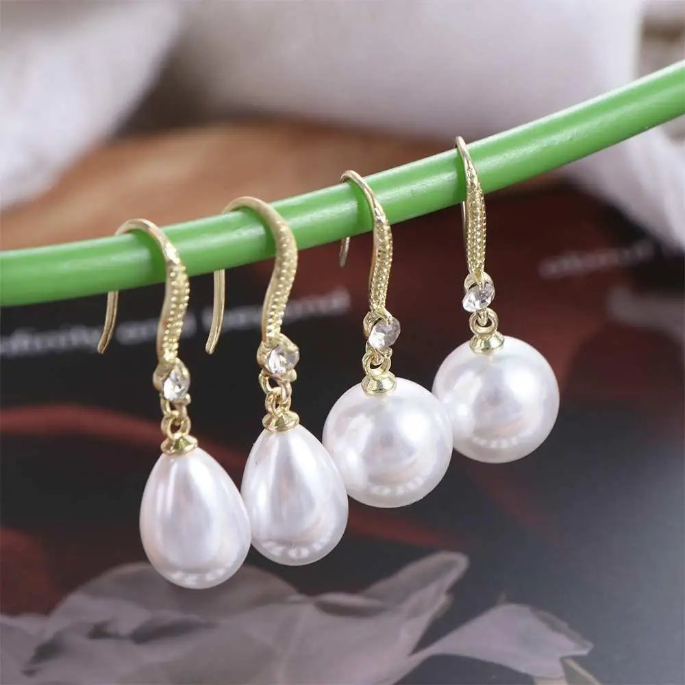 Water Drop Pearl Drop Earrings with Rhinestone Ear Hook Drop Earrings PLUSH