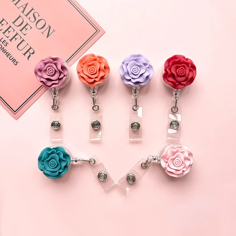3D Rose Retractable Badge Reel – Floral ID Card Holder Clip Badge Reel Holder PLUSH