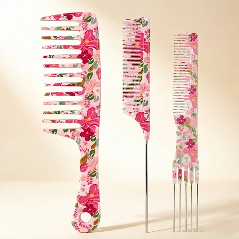 3-Piece Floral Hair Comb Set – Wide Tooth, Highlight & Tail Hair Comb Set PLUSH 3pcs