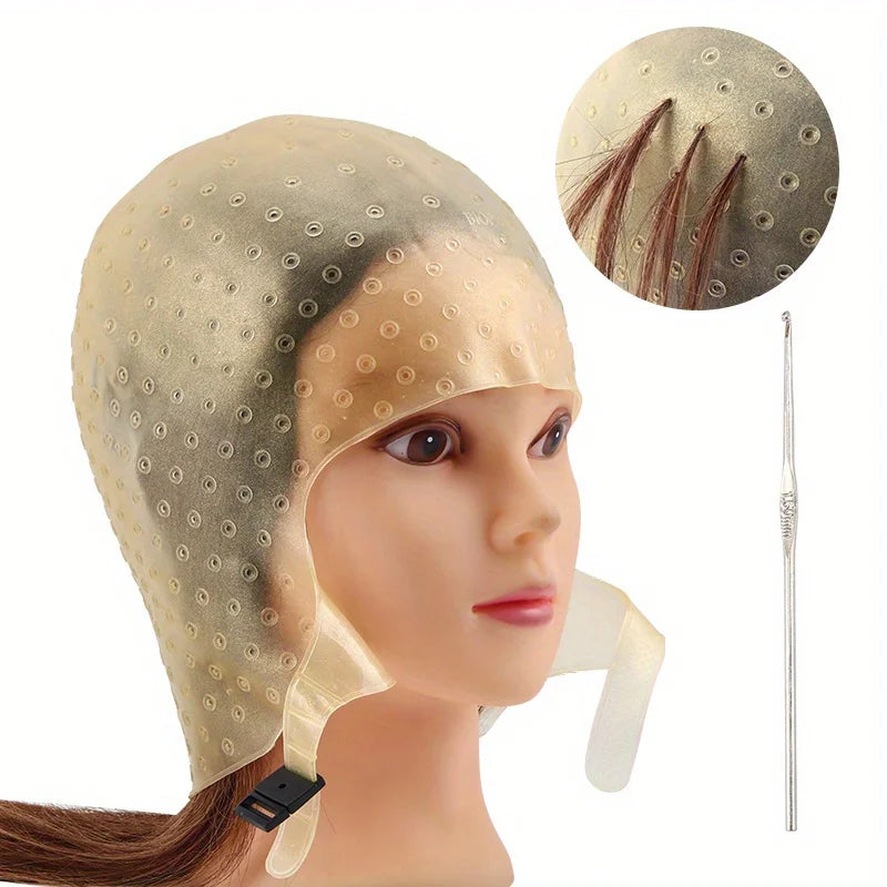 Professional Silicone Hair Coloring Cap & Hook Needle Set Hair Coloring Cap Set PLUSH yollew