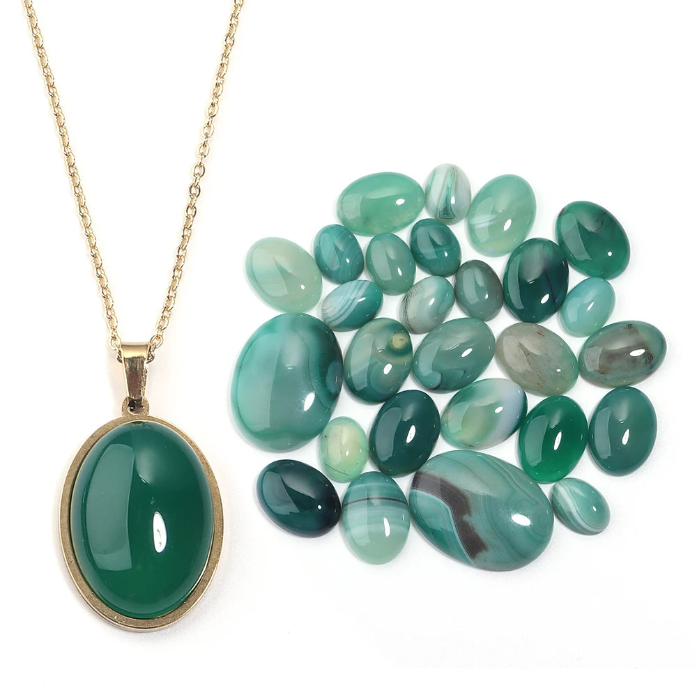 Striped Green Agate Oval Cabochon Flat Back Gemstone Beads DIY Gemstone Cabochon Beads PLUSH