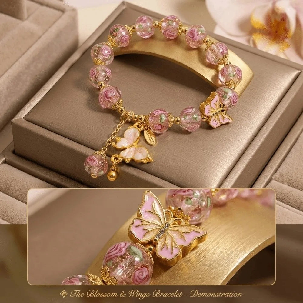 Butterfly Rose Beaded Bracelet – Vintage Lampwork Glass Charm Beaded Charm Bracelet PLUSH
