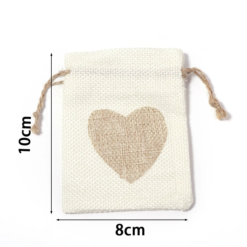 5pcs Heart Burlap Drawstring Gift Bags – Jute Wedding Pouches Burlap Gift Bags PLUSH Beige 8x10cm 5pcs