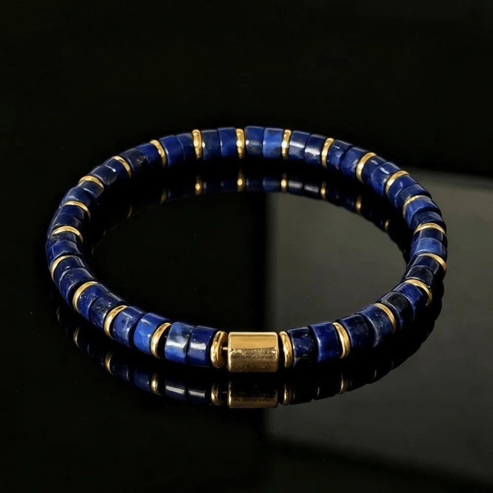 Golden Tube Bead Stone Stretch Bracelet Blue Yellow Unisex Stone Stretch Bracelet PLUSH Blue