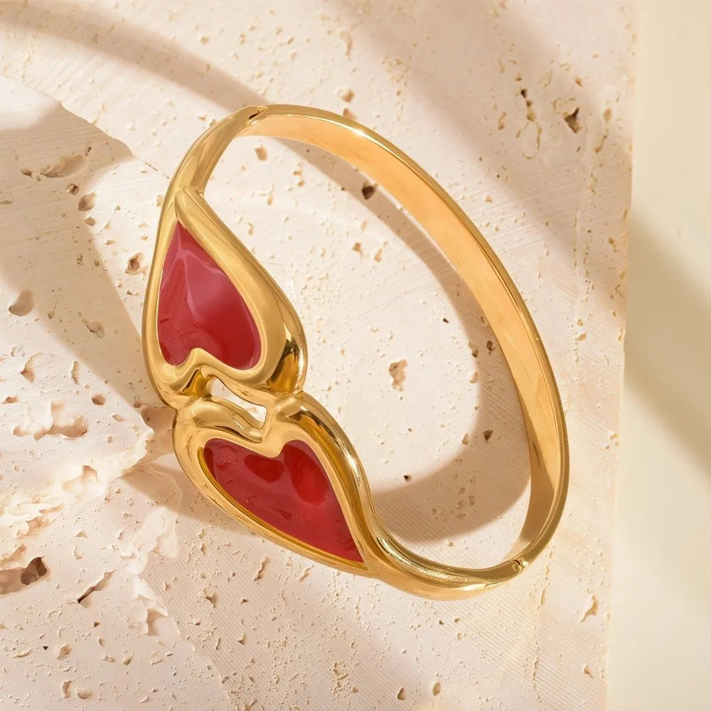 Heart Shape Enamel Bangle Bracelet – Cloisonné Flower Design Enamel Bangle Bracelet PLUSH Red