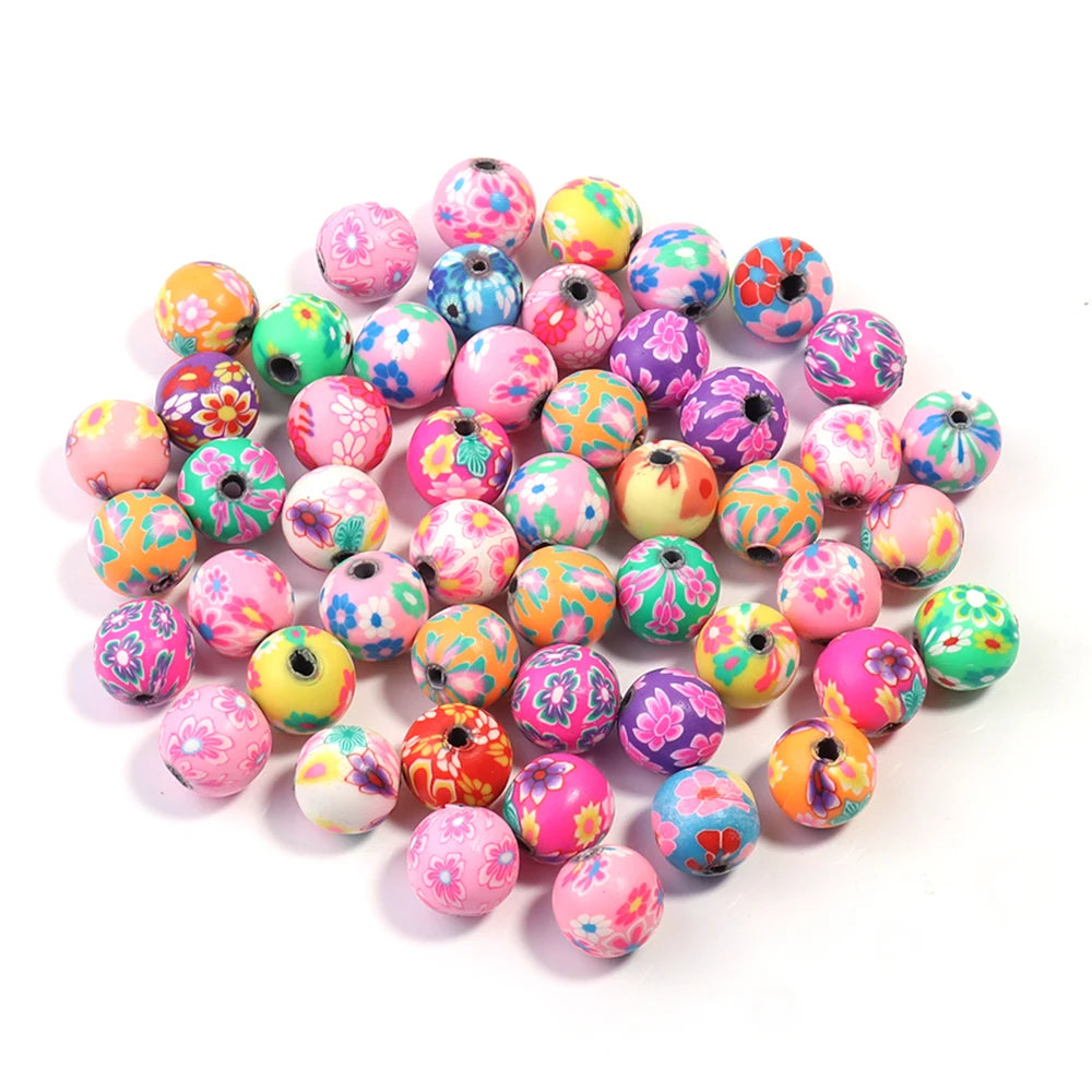 50pcs Polymer Clay Flower Round Spacer Beads – DIY Jewelry Clay Spacer Beads PLUSH Colorful 10mm