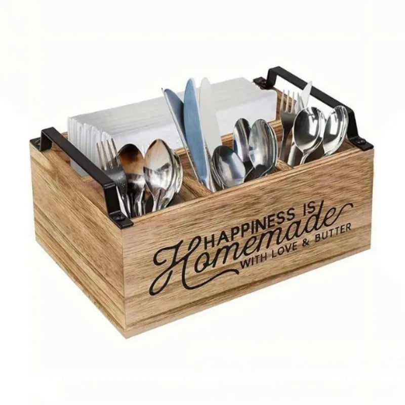 Wooden Cutlery & Desktop Organizer Tray – Rustic Storage Box Kitchen Organizer Tray PLUSH