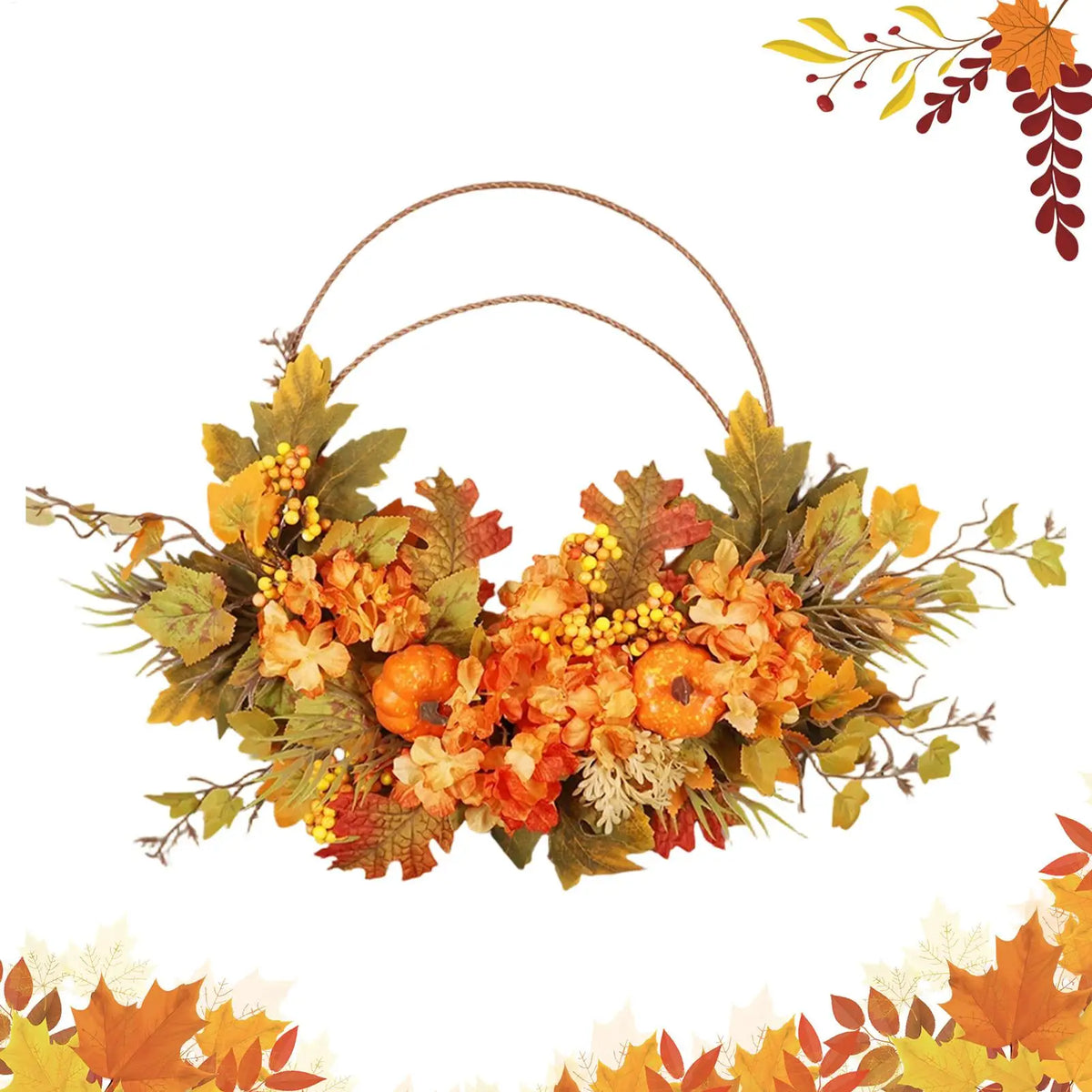 50cm Autumn Harvest Wreath – Maple Leaves & Pumpkin Door Decor Seasonal Door Wreath PLUSH