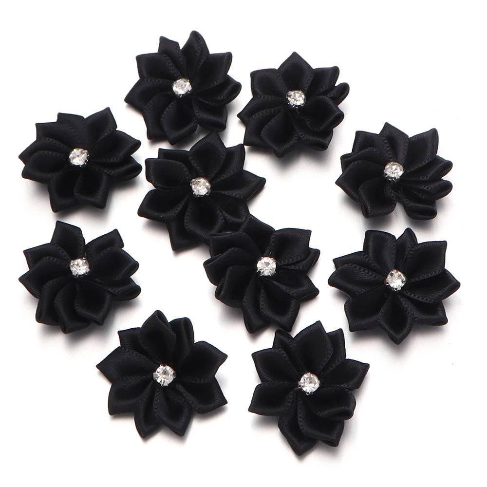 10pcs 3cm Satin Ribbon Flowers Rhinestone 9-Petal DIY Craft Fabric Flower Appliqué PLUSH Black