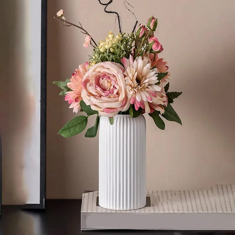 Striped Ceramic-Look Plastic Vase – Decorative Floral Display Decorative Vase PLUSH