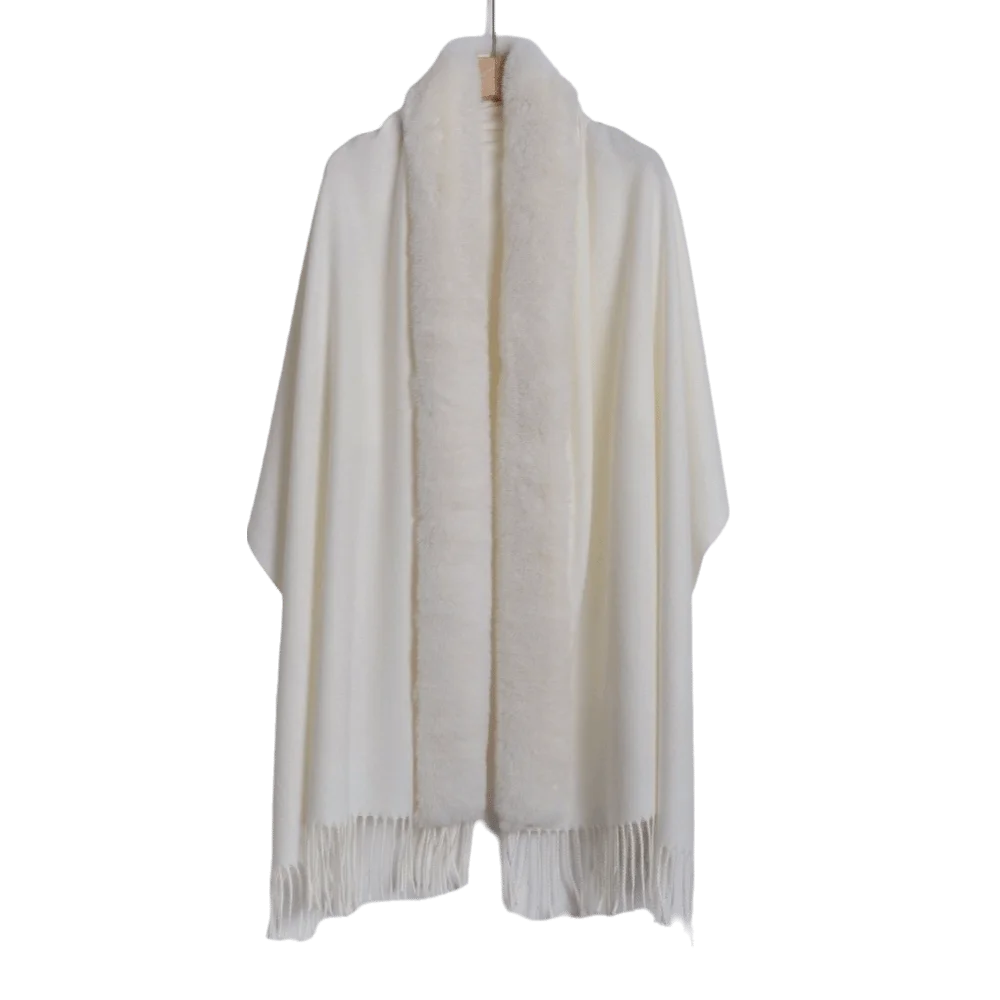 Women's Oversized Faux Fur Collar Shawl Wrap Cape Poncho Faux Fur Shawl Wrap PLUSH White