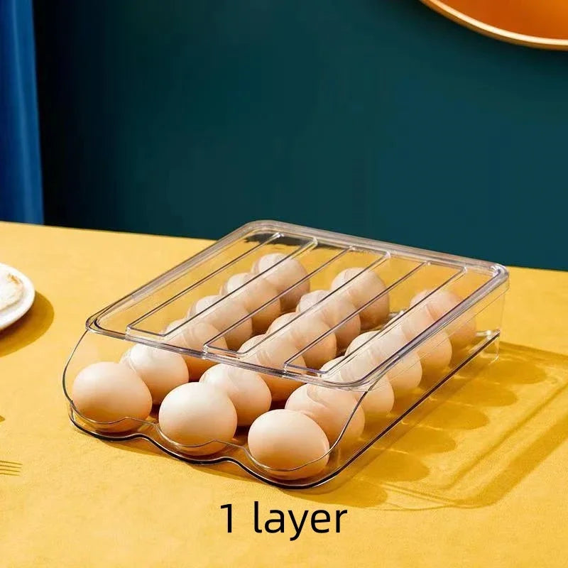 Automatic Slide Egg Organizer – 54-Egg Fridge Storage Box Egg Storage Organizer PLUSH Transparent 1 layer