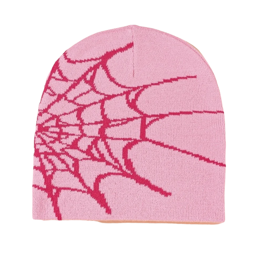 Y2K Spider Web Knit Beanie Hat – Cuffed Stretch, Multi Colors Knit Beanie Hat PLUSH Pink