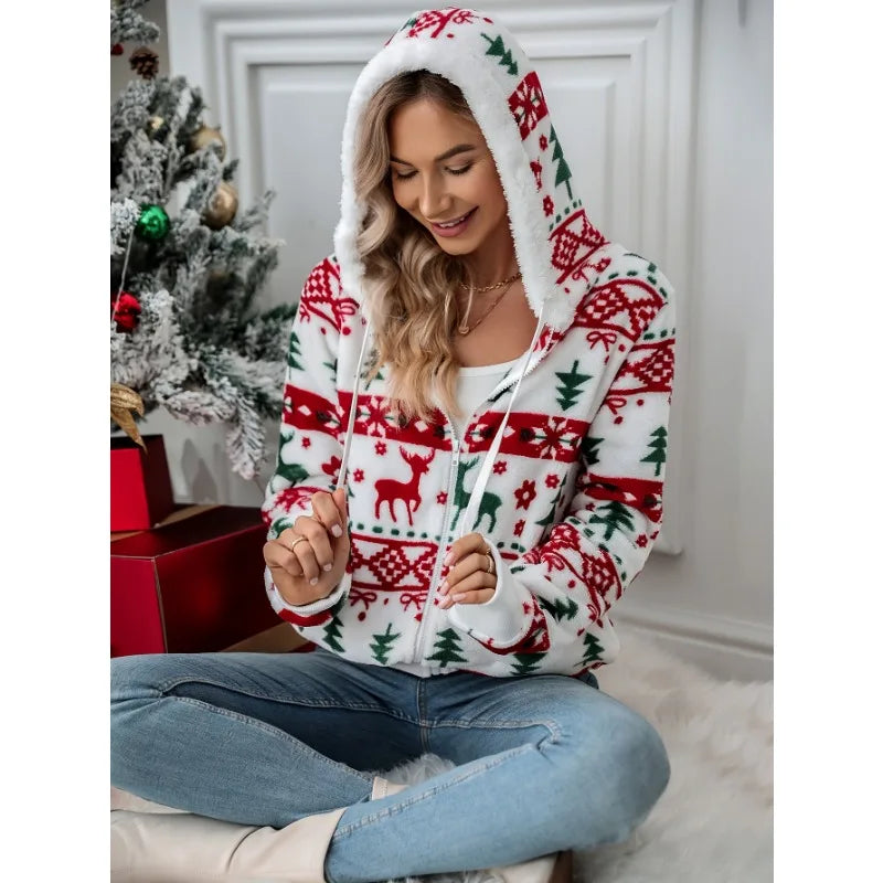 Women's Christmas Plush Lined Hooded Jacket – Reindeer Snowflake Hooded Winter Jacket PLUSH