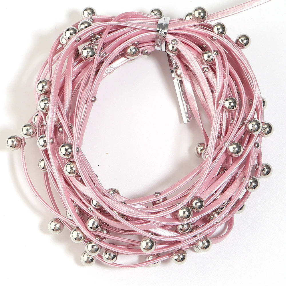 5 Yards Studded PU Leather Cord with Metal Ball Beads – DIY Leather Jewelry Cord PLUSH pink