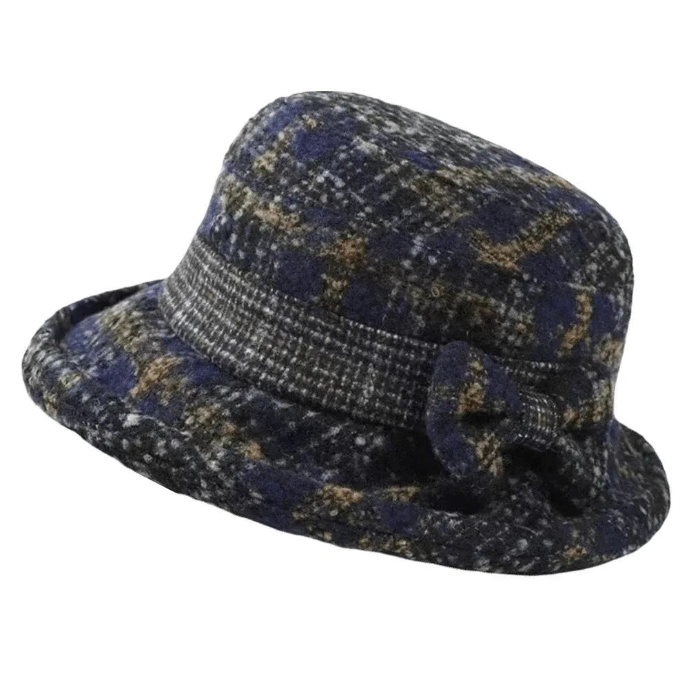 Women's Woolen Bow Bucket Hat – Warm Foldable Cloche Hat Women's Bucket Hat PLUSH Dark Blue