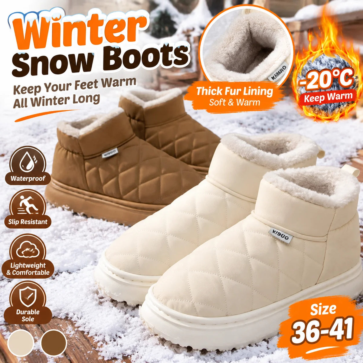 Women's Waterproof Fur-Lined Snow Boots – Slip-On Winter Women's Snow Boots PLUSH
