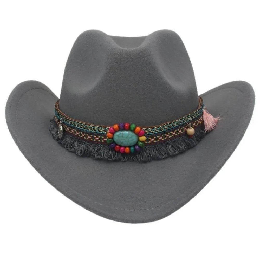 Wide Brim Western Cowboy Hat with Tassels – Unisex Cosplay Western Cowboy Hat PLUSH Grey