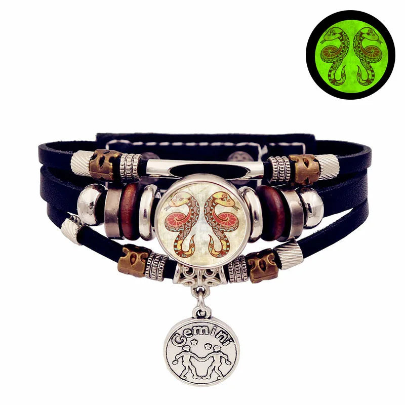 Glow Zodiac Constellation Leather Charm Bracelet – Unisex Charm Bracelet PLUSH 9-Gemini