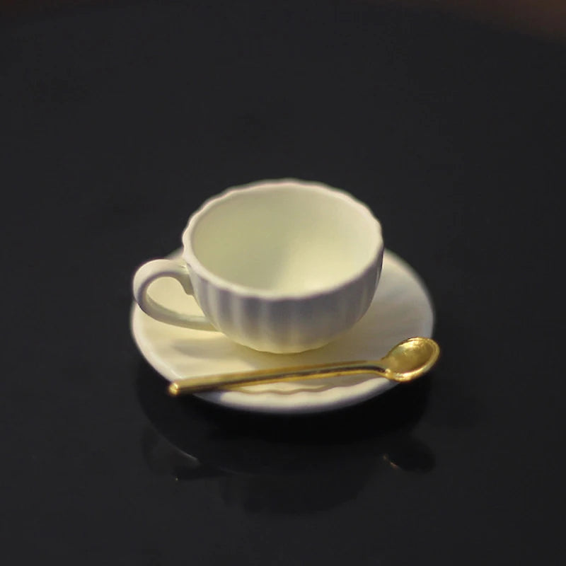 1:12 Dollhouse Mini Coffee Cup Saucer & Spoon Set – 3pcs Dollhouse Miniature Set PLUSH Yellow