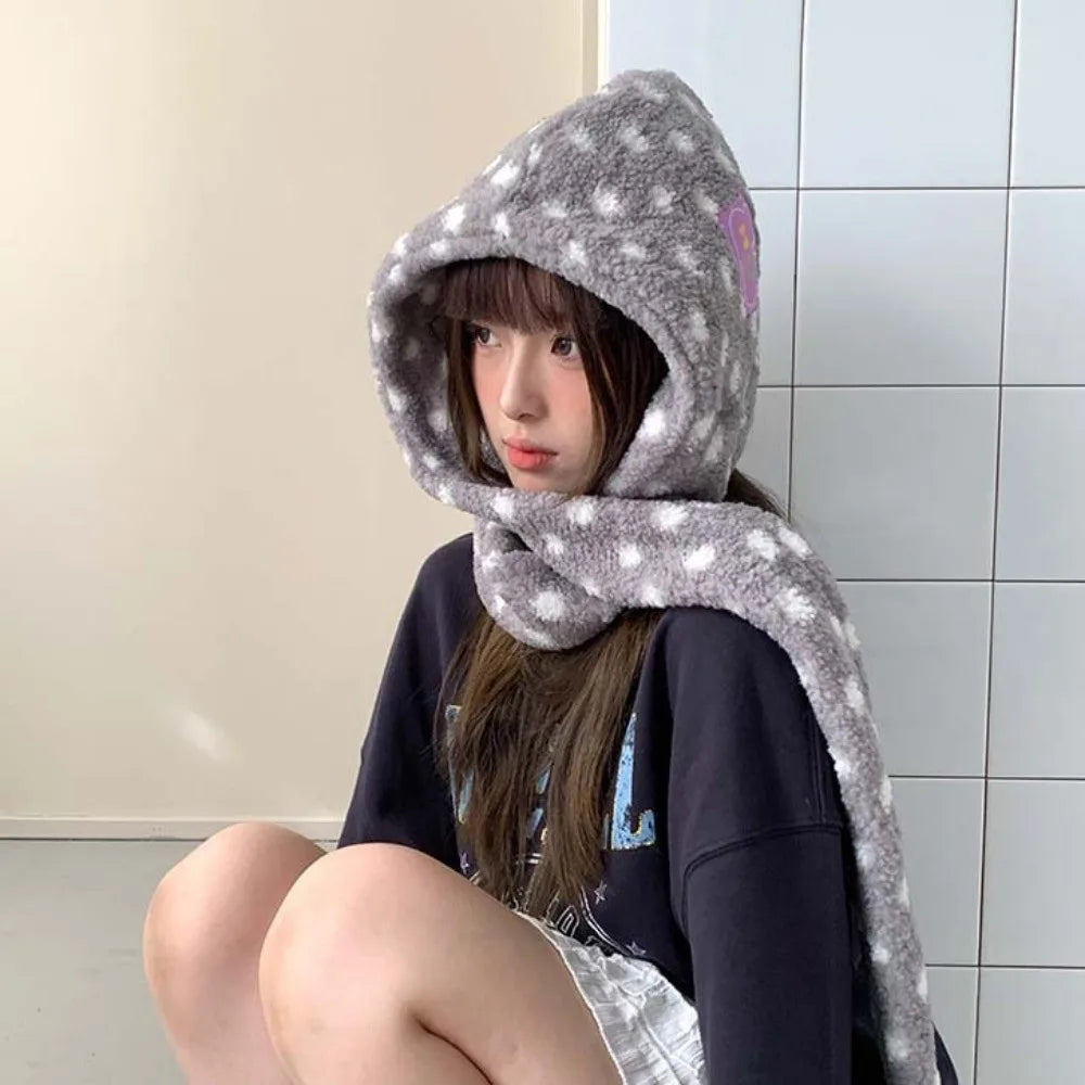Women's Polka Dot Plush Hooded Scarf Balaclava Beanie Cap Hooded Scarf Beanie PLUSH