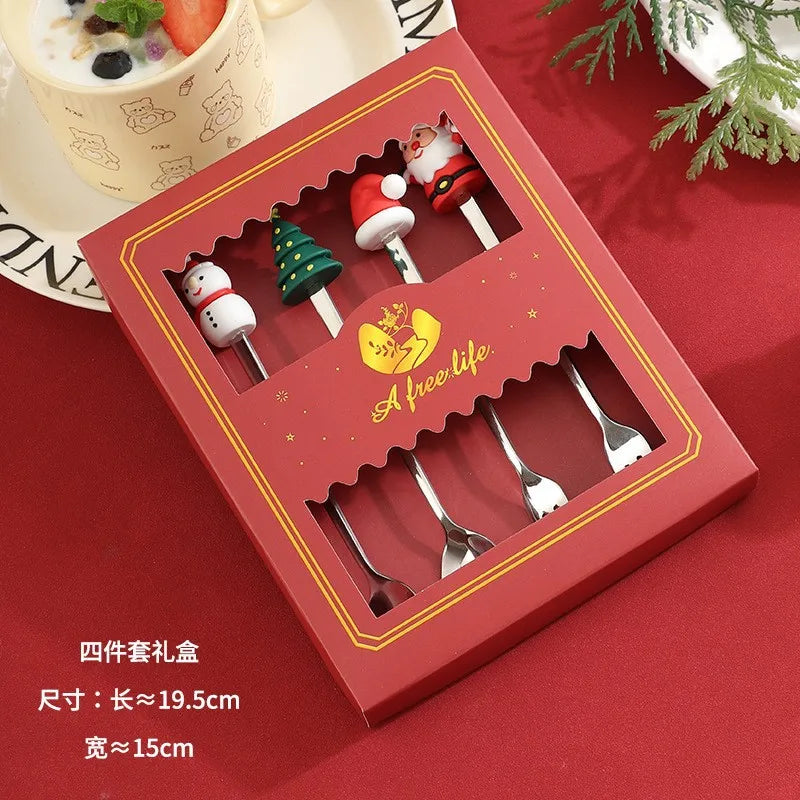 Christmas Santa Cartoon Spoon & Fork Tableware Gift Box Set Holiday Tableware Set PLUSH