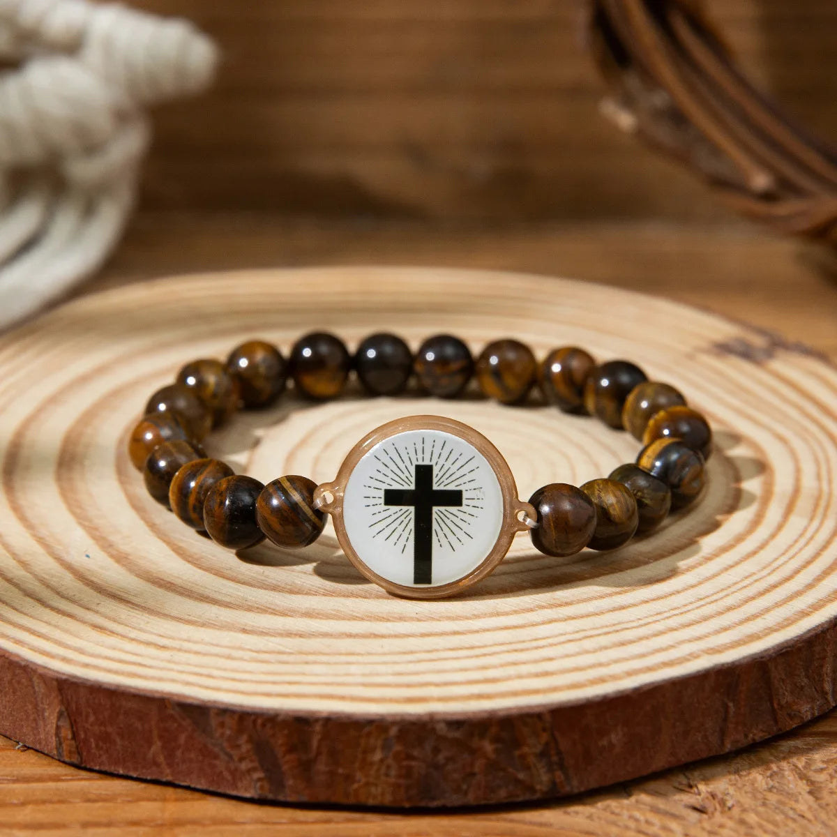 NFC Bible Verse Natural Stone Cross Bracelet – Unisex Christian Beaded Cross Bracelet PLUSH brown length 18cm