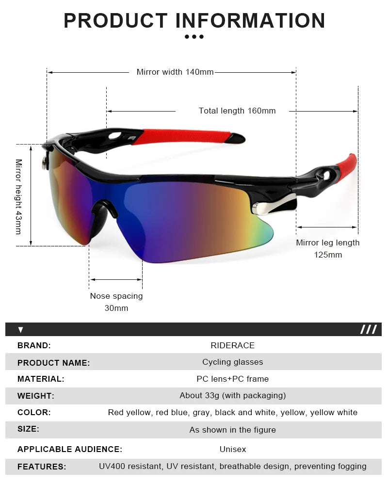 RIDERACE UV400 Cycling Sunglasses – Road & MTB Bike Eyewear Cycling Sunglasses PLUSH