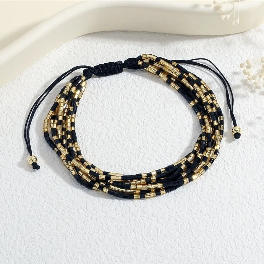 Colorful Boho Stackable Beads Bracelets – Adjustable Multilayer Beaded Bracelet PLUSH Black-Gold