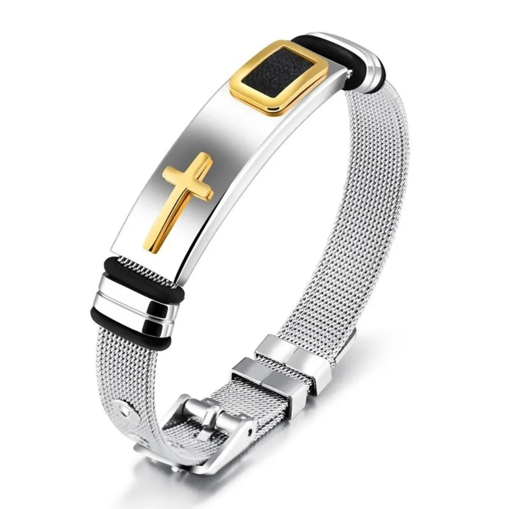 Stainless Steel Cross Bangle – Adjustable Religious Bracelet Religious Bangle Bracelet PLUSH Style A