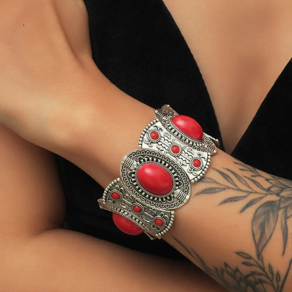 Tribal Wide Elastic Bangle – Bohemian Turquoise Bracelet Cuff Bangle Bracelet PLUSH
