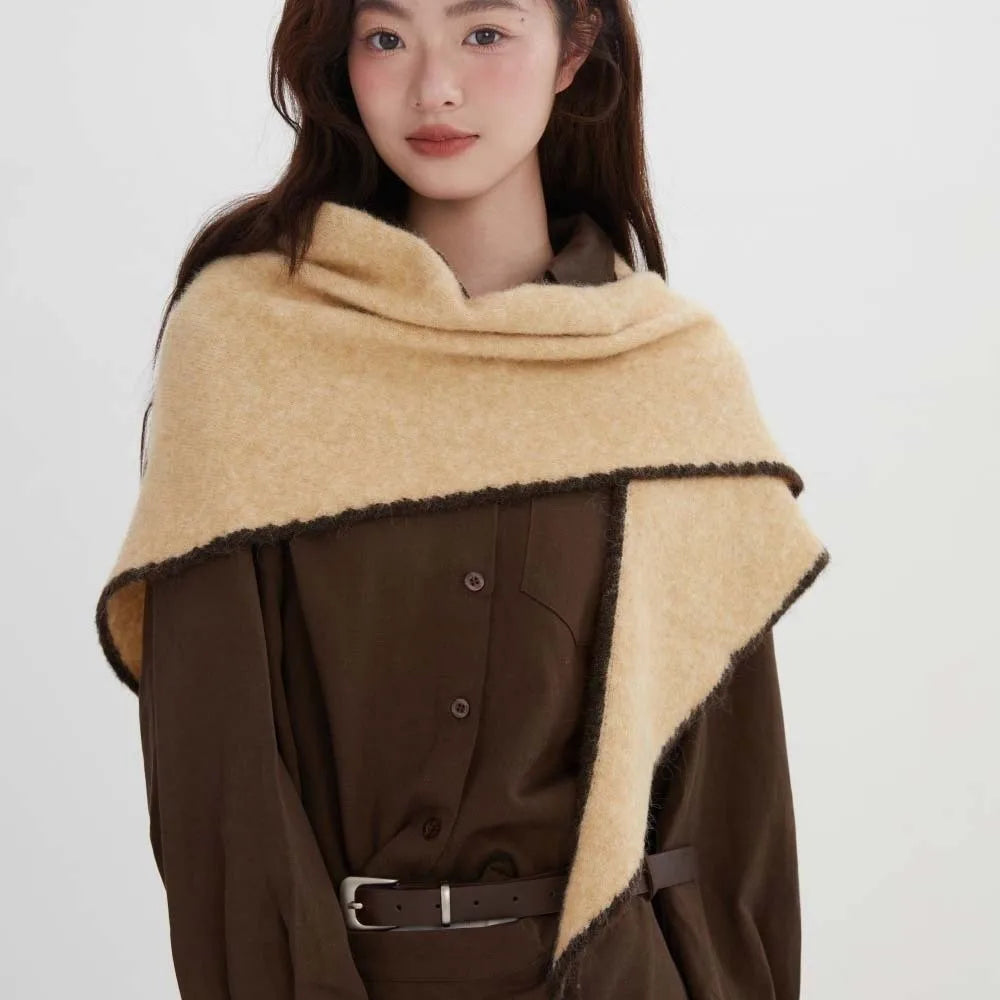 Women's Triangle Shawl Scarf – Soft Knit Wool Blend Cape Triangle Shawl Scarf PLUSH Light Khaki