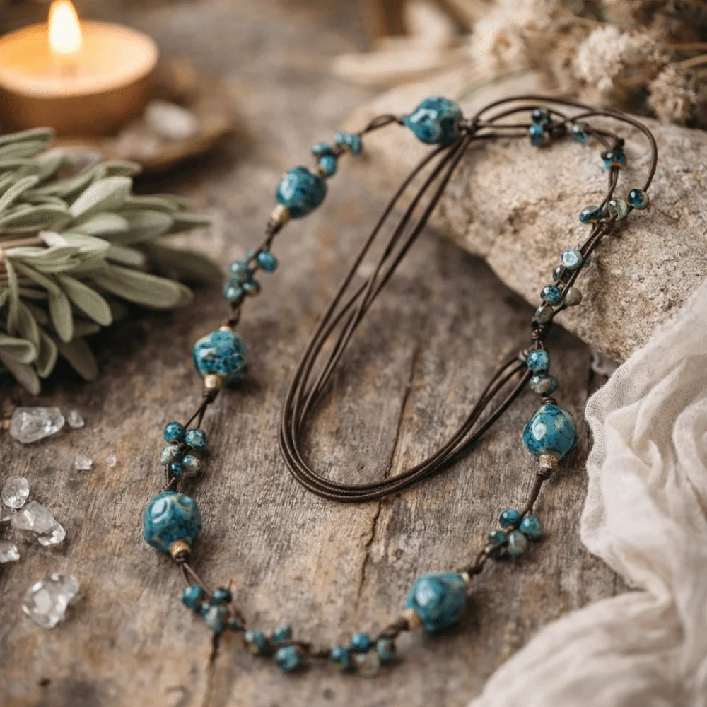 Bohemian Ceramic Beaded Long Necklace | Ethnic Vintage Style Beaded Long Necklace PLUSH