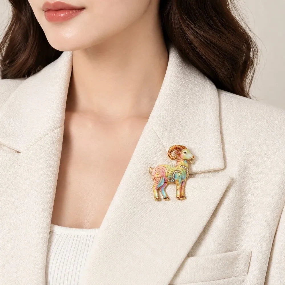 Goat Enamel Rhinestone Brooch – Vintage Animal Lapel Pin Enamel Brooch Pin PLUSH