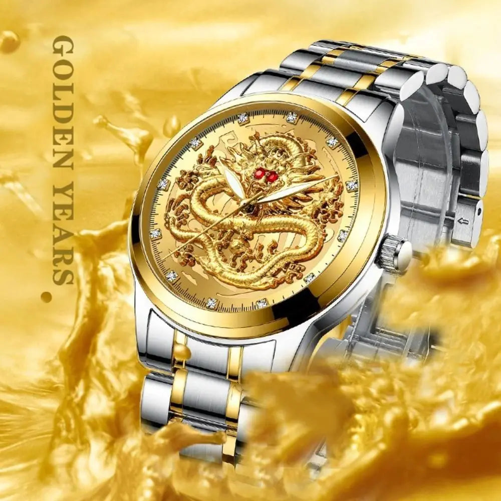 Men's Dragon Pattern Quartz Watch – Luminous Dial & Calendar Men's Quartz Watch PLUSH