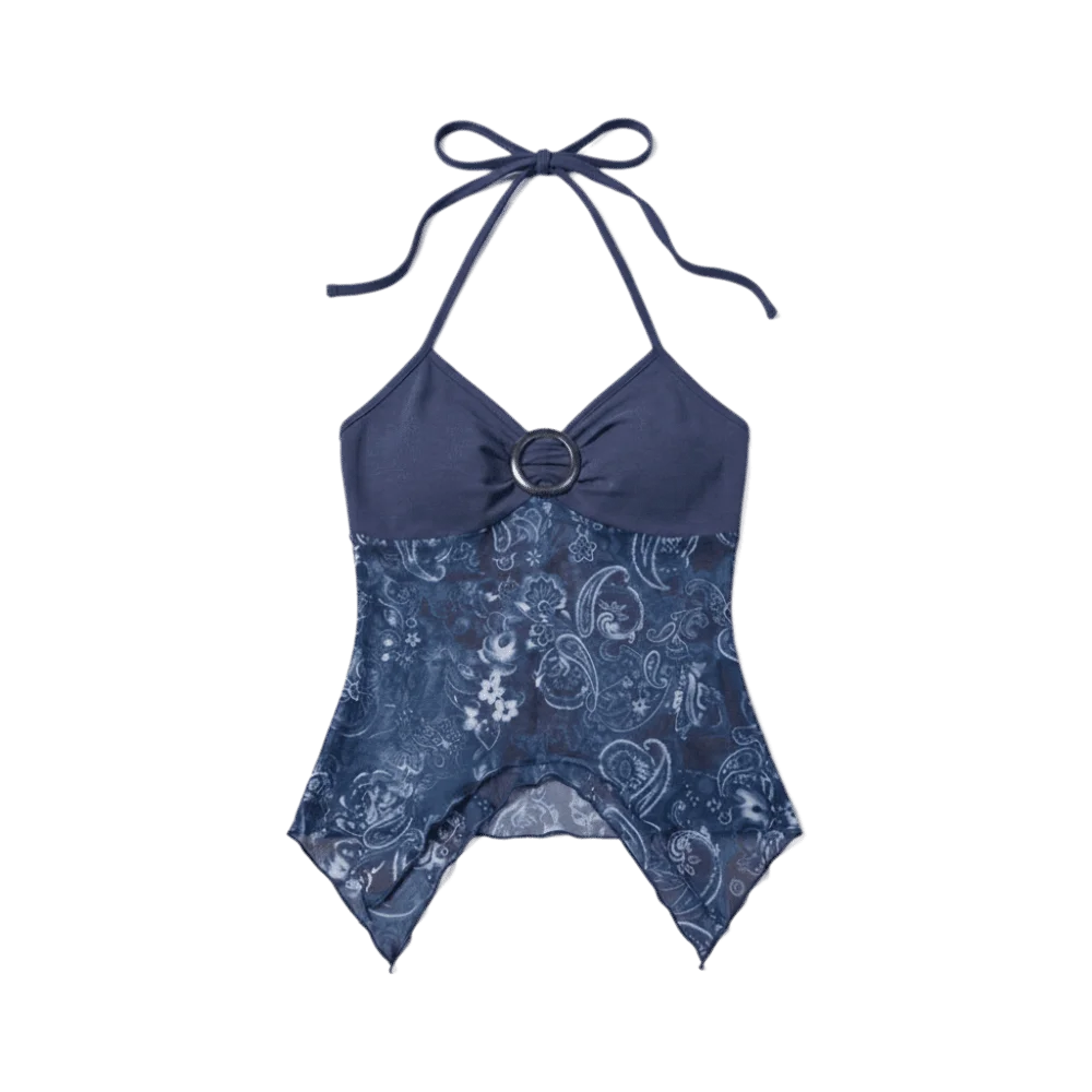 Women's Mesh Halter Crop Top – Slim Fit Lace Patchwork Camisole Halter Crop Top PLUSH Blue 1XL