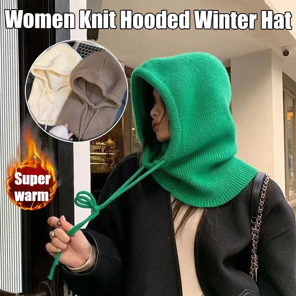 Women's Knit Hooded Beanie & Integrated Neck Warmer Hat Winter Knit Beanie PLUSH