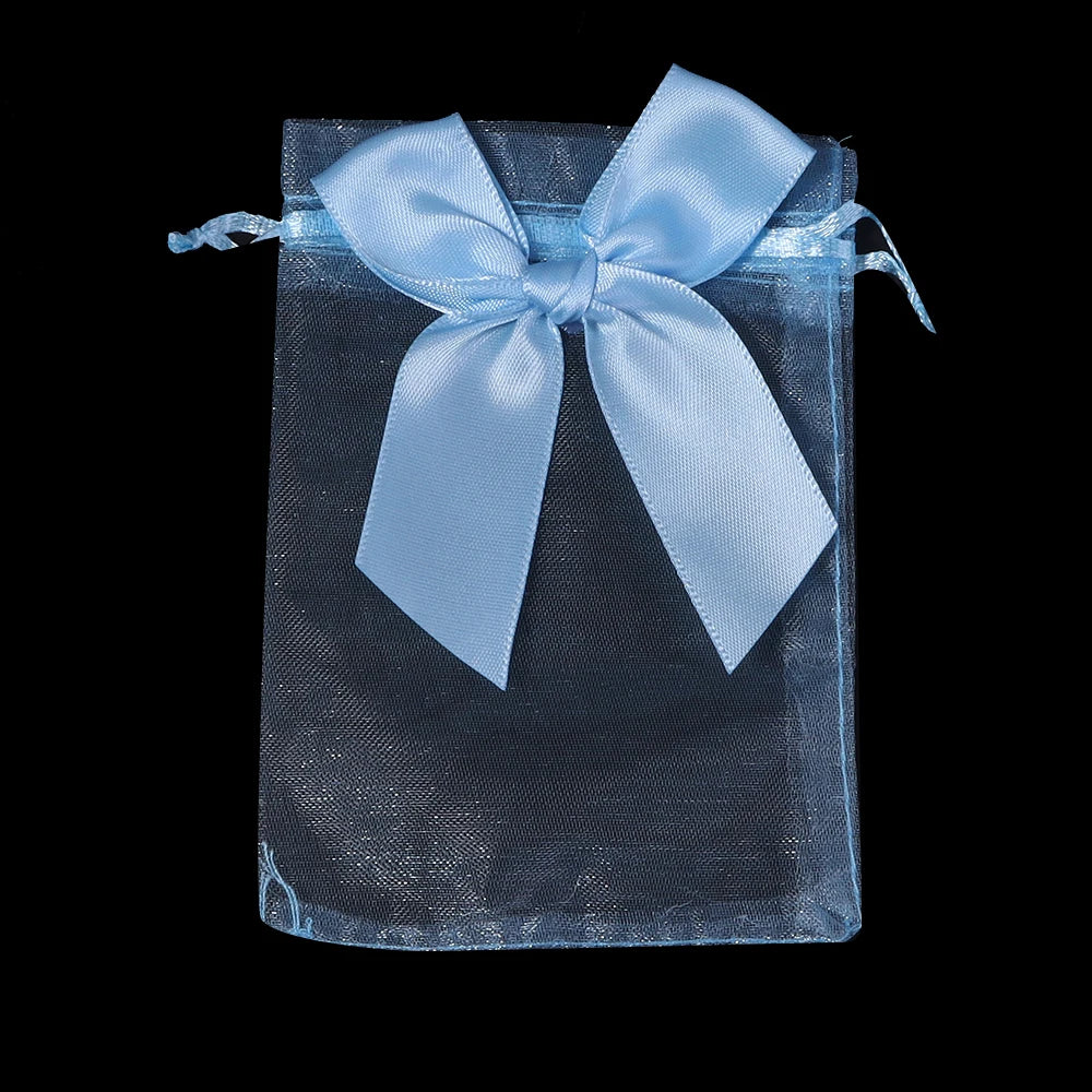 5pcs Bow Organza Drawstring Gift Bags – Wedding & Party Organza Gift Bags PLUSH sky blue 9x12cm