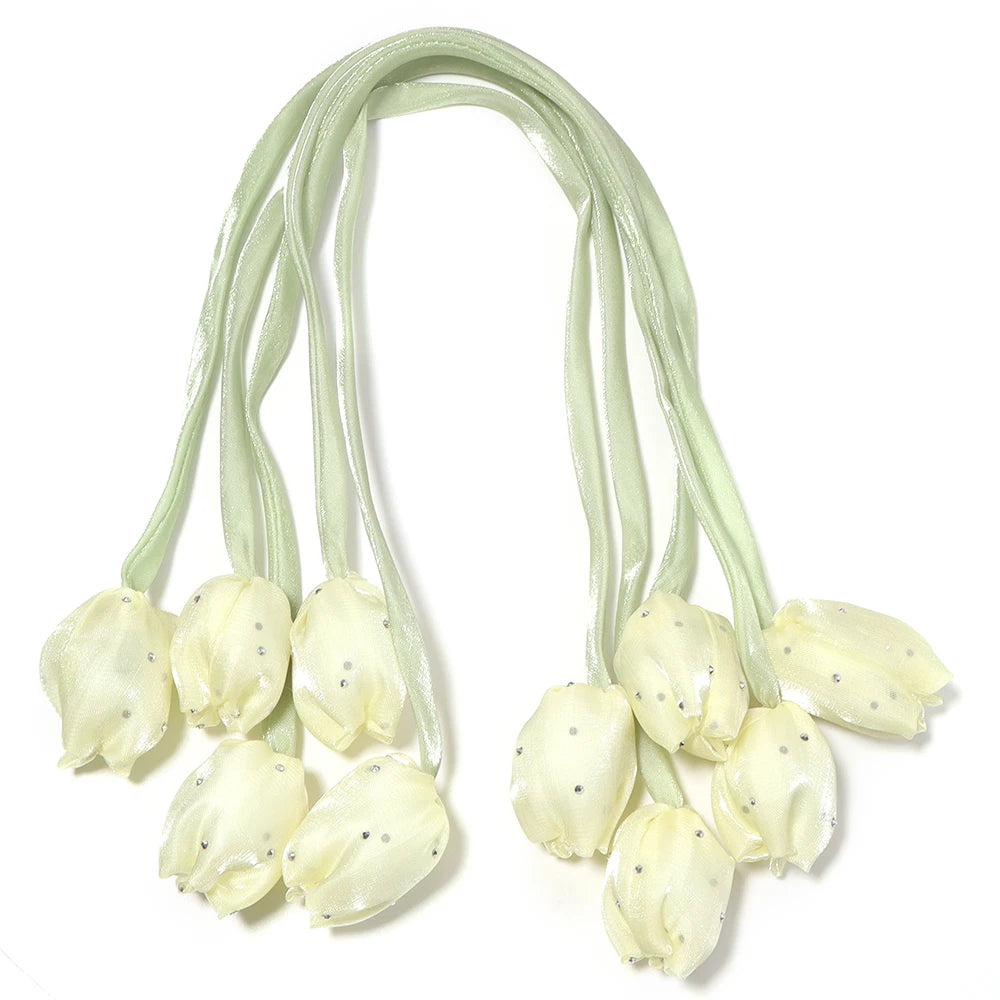 5pcs Satin Tulip Flower Strings Rhinestone DIY Hair & Garment Fabric Flower Trim PLUSH yellow