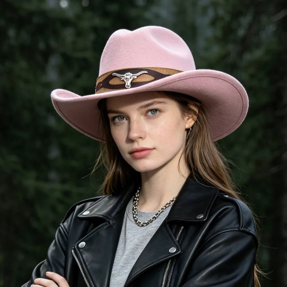 Wide Brim Fedora Hat – Boho Western Cowboy Panama Style Wide Brim Fedora Hat PLUSH Pink