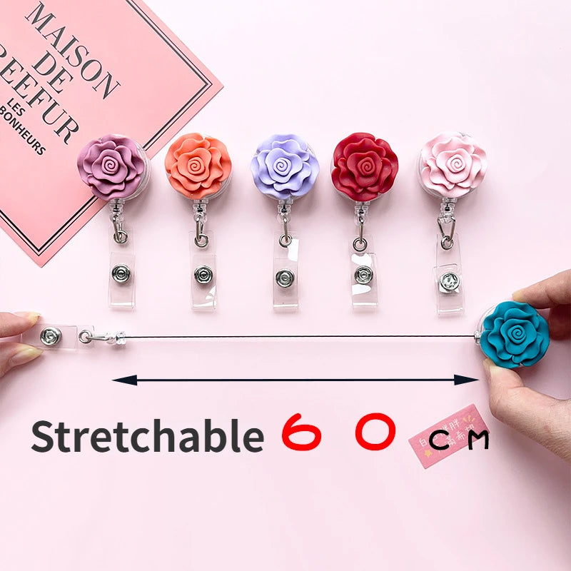 3D Rose Retractable Badge Reel – Floral ID Card Holder Clip Badge Reel Holder PLUSH