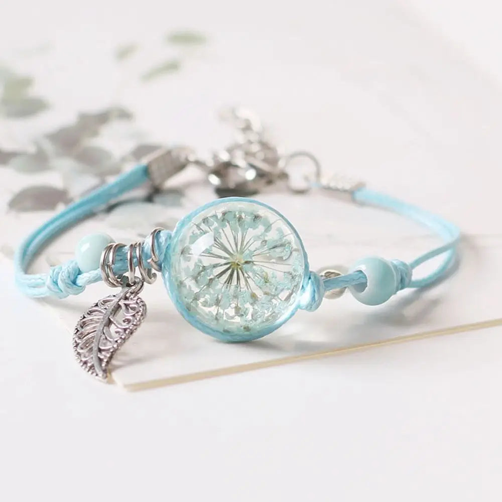 Dried Flower Braided Rope Bracelet – Leaf & Clover Charm Charm Bracelet PLUSH A