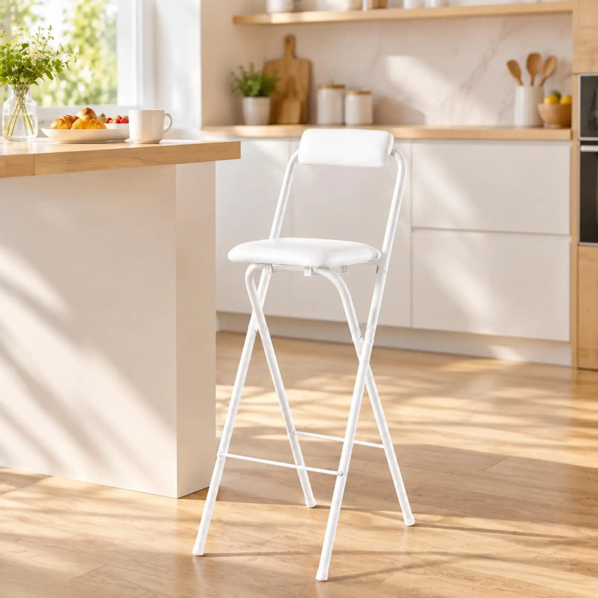 White Faux Leather Foldable Bar Stool | High Counter Chair Foldable Bar Stool PLUSH