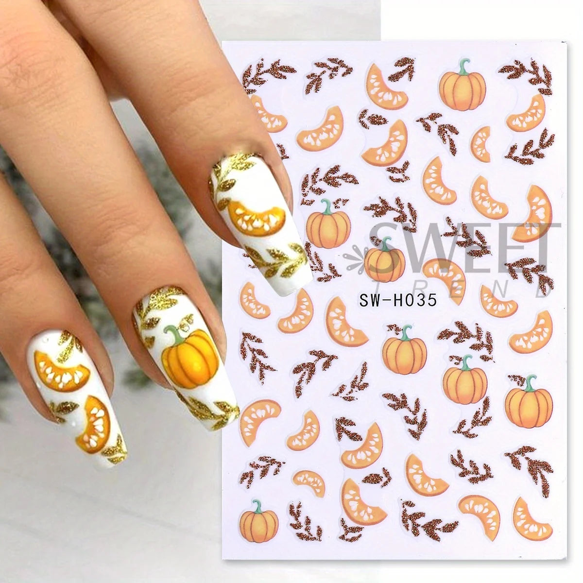 Glitter Autumn Nail Stickers – Pumpkin & Maple Leaves 2 Sheets Nail Art Stickers PLUSH