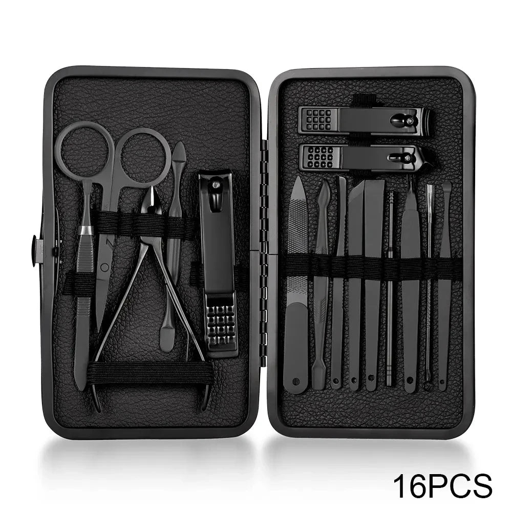 Stainless Steel Manicure & Pedicure Set 7–18 Pcs | Nail Kit Nail Grooming Kit PLUSH Black 16 PCS SET