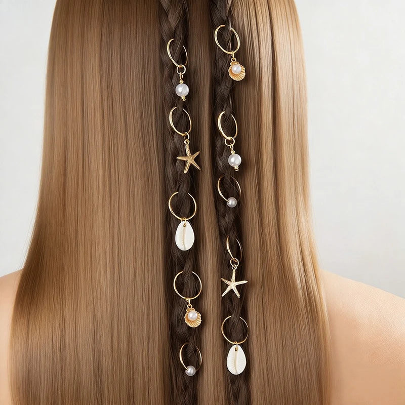 10pcs Sea Shell Braided Hair Rings – Bohemian Hair Clips Hair Rings Set PLUSH