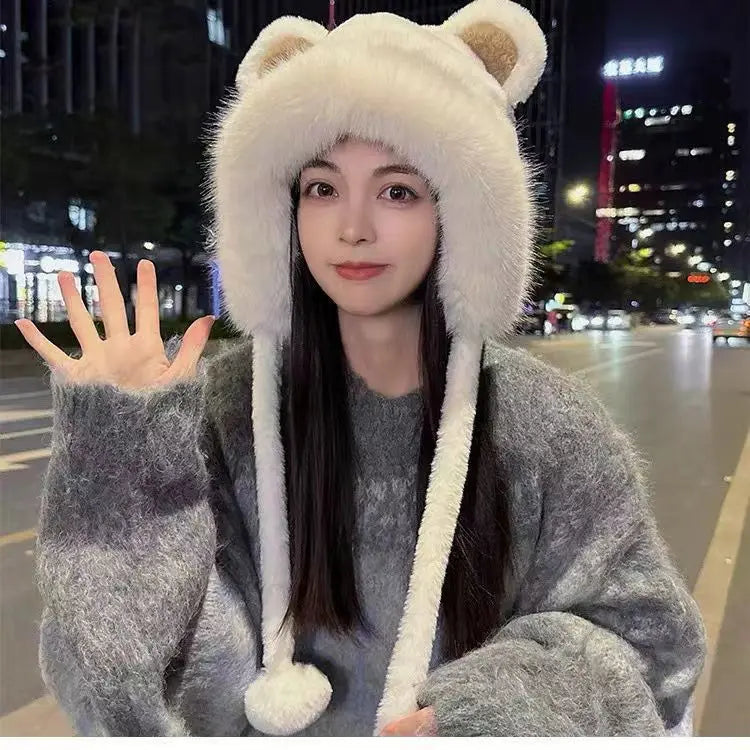 Bear Plush Knit Hat & Scarf Set – Windproof Winter Ear Cover Knit Hat Scarf Set PLUSH Beige 1PC