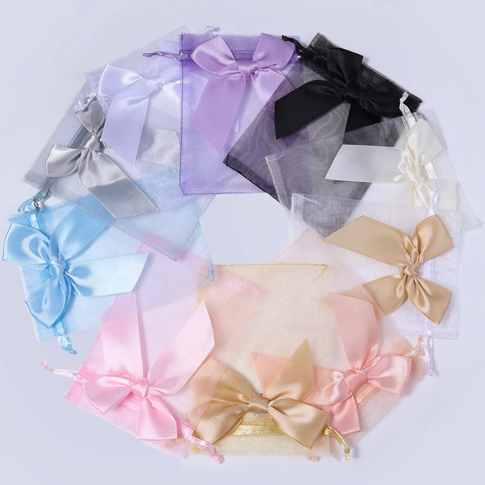 5pcs Bow Organza Drawstring Gift Bags – Wedding & Party Organza Gift Bags PLUSH mixed 9x12cm
