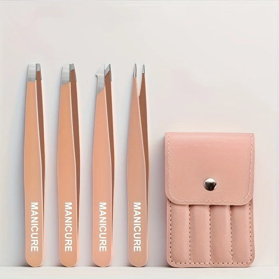 Ouriner 4pc Stainless Steel Tweezers – Eyelash & Brow Kit Beauty Tweezers Kit PLUSH Pink 4 Pcs Set