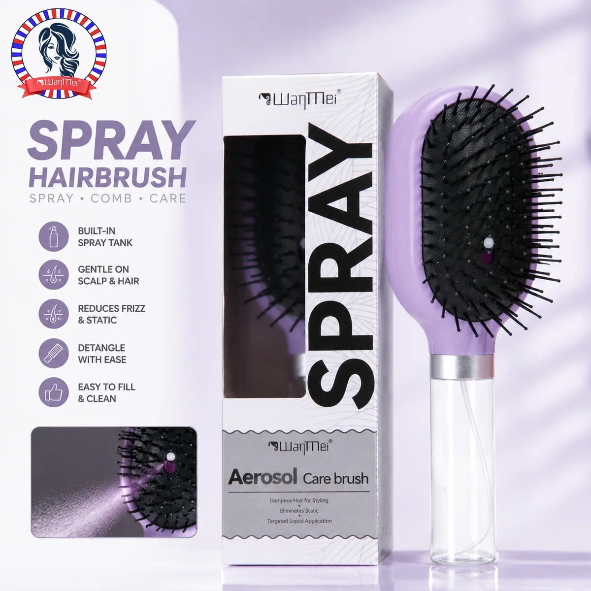 WanMei 2-in-1 Spray Air Cushion Hair Brush – Detangling Comb Spray Hair Brush PLUSH